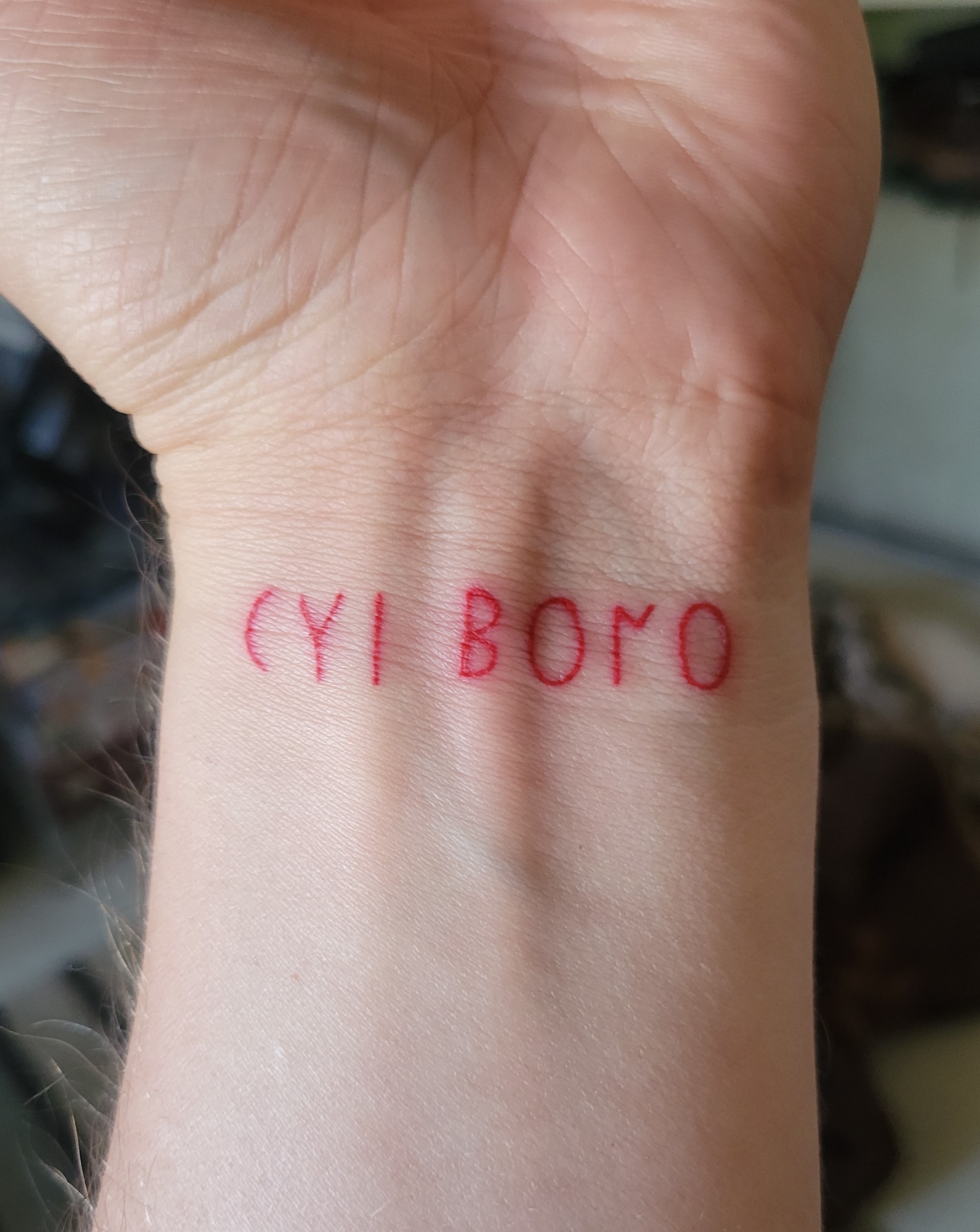 a tattoo on the inside of the site-author's left wrist: cui bono written in red Old Italic font